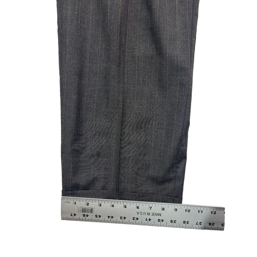 vtg 90s Charcoal Stripe 46R 40x30 Double Breasted 2pc Pant Suit Wool USA Pleated